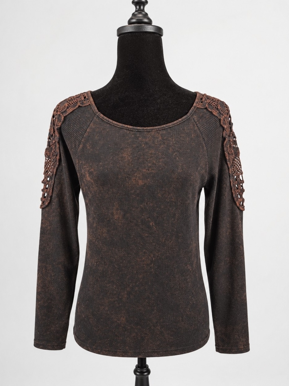 Rock 47 by Wrangler Y2K Brown Acid Wash Embellished Crochet Shoulder Top Size M